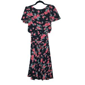 Vintage 90s All That Jazz Floral Dress XS/S Flutter Sleeve Blouson Midi Boho